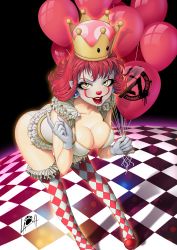 Rule 34 | 1girl, ass, breasts, cleavage, clown, frills, genderswap, genderswap (mtf), gloves, highres, it (stephen king), lipstick, makeup, pennywise, red hair, solo, super crown, thighhighs, white gloves, yellow eyes