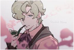 Rule 34 | 1boy, ace attorney, blonde hair, blue eyes, blurry, blurry foreground, character name, closed mouth, collared shirt, gonta (yu37av), hair over one eye, herlock sholmes, holding, holding smoking pipe, long sleeves, looking at viewer, male focus, neck ribbon, pink shirt, purple ribbon, ribbon, shirt, short hair, smoking pipe, solo, the great ace attorney, upper body