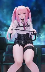 Rule 34 | 1girl, ascot, belt, black belt, black choker, black gloves, blunt bangs, choker, fingerless gloves, gloves, goddess of victory: nikke, hair ribbon, high-waist shorts, highres, holding, holding whip, long hair, long sleeves, looking at viewer, open mouth, pepeo, pink hair, purple ascot, purple eyes, red ribbon, ribbon, shirt, short shorts, shorts, single glove, sitting, solo, teeth, thighs, twintails, upper teeth only, white shirt, yuni (nikke)