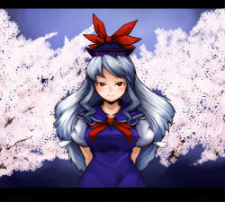 Rule 34 | 1girl, arms behind back, blue dress, blush, breasts, cherry blossoms, dress, female focus, hat, kamishirasawa keine, laboto, looking at viewer, plant, puffy short sleeves, puffy sleeves, red eyes, short sleeves, silver hair, solo, tate eboshi, touhou, tree