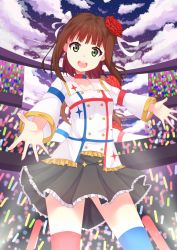 Rule 34 | 1girl, amami haruka, armband, asymmetrical legwear, black skirt, blue thighhighs, breasts, brown hair, choker, chrisandita, cloud, cloudy sky, collar, cowboy shot, deviantart sample, dress, eyebrows, flower, frilled skirt, frills, glowstick, green eyes, hair between eyes, hair flower, hair ornament, hair ribbon, idolmaster, idolmaster (classic), idolmaster movie, image sample, jewelry, long sleeves, looking at viewer, medium breasts, mismatched legwear, night, night sky, open mouth, outdoors, red flower, red rose, red thighhighs, ribbon, rose, shirt, short hair, simple background, skirt, sky, smile, solo, standing, starpiece memories, thighhighs, two side up, uneven legwear, upper body, white ribbon, white shirt