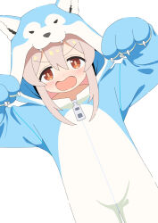 Rule 34 | 1girl, animal costume, animal ears, animal hood, blush, brown eyes, brown hair, commentary request, dutch angle, fake animal ears, fang, hair between eyes, hands up, heijialan, highres, hood, hood up, long hair, looking at viewer, onii-chan wa oshimai!, open mouth, oyama mahiro, simple background, solo, standing, v-shaped eyebrows, wavy mouth, white background, wolf costume, wolf ears, wolf hood