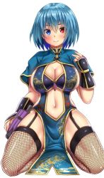 Rule 34 | 1girl, alternate costume, blue capelet, blue dress, blue eyes, blue hair, blush, breasts, capelet, china dress, chinese clothes, cleavage, closed umbrella, commentary request, dress, ebi 193, fishnet thighhighs, fishnets, full body, garter straps, hair between eyes, hand up, heterochromia, large breasts, leaf print, looking at viewer, navel, pelvic curtain, purple umbrella, red eyes, seiza, shiny skin, short hair, simple background, sitting, smile, solo, stomach, tatara kogasa, thighhighs, thighs, touhou, umbrella, vambraces, white background