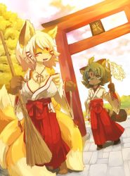 Rule 34 | 2girls, animal ears, blush, breasts, closed eyes, fox ears, fox tail, furry, furry female, green eyes, green hair, japanese clothes, kishibe, large breasts, miko, multiple girls, multiple tails, raccoon girl, smile, tail, torii