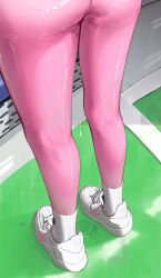 Rule 34 | 1girl, alice (nikke), ass, bodysuit, dduck kong, floor, head out of frame, highres, latex, latex bodysuit, legs, lower body, pink bodysuit, pussy juice, pussy juice drip through clothes, pussy juice puddle, reflective floor, shiny clothes, shoes, skin tight, socks, solo, standing, white footwear, white socks
