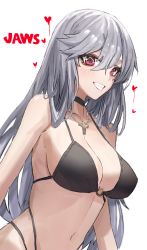 Rule 34 | 1girl, arknights, bare shoulders, bikini, black bikini, black choker, blush, breasts, choker, commentary, cross, cross necklace, grin, hair between eyes, highres, horn/wood, jewelry, large breasts, long hair, looking at viewer, navel, necklace, no headwear, o-ring, o-ring bikini, red eyes, sharp teeth, silver hair, simple background, smile, solo, specter (arknights), stomach, swimsuit, teeth, upper body, very long hair, white background