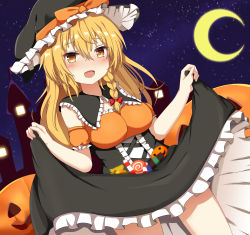 Rule 34 | 1girl, armband, black capelet, black dress, black hat, blonde hair, bow, braid, breasts, candy, candy cane, capelet, clothes lift, crescent moon, dress, dress lift, food, guard vent jun, hair between eyes, halloween, halloween costume, hat, hat bow, highres, jack-o&#039;-lantern, kirisame marisa, lollipop, long hair, looking at viewer, medium breasts, moon, night, open mouth, orange bow, red bow, single braid, sky, smile, solo, star (sky), starry sky, thighs, touhou, witch hat, yellow eyes