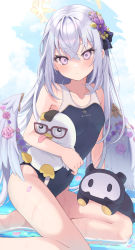Rule 34 | absurdres, alternate costume, azusa (blue archive), blue archive, blush, breasts, collarbone, flower, glasses, hair between eyes, hair flower, hair ornament, halo, highres, looking at viewer, ocean, peroro (blue archive), purple eyes, school swimsuit, sky, small breasts, stuffed animal, stuffed toy, swimsuit, takio (kani sama), wet, white hair, wings, yellow halo