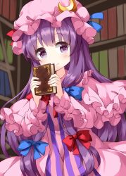 Rule 34 | 1girl, blue bow, blush, book, bookshelf, bow, capelet, closed mouth, crescent, crescent hat ornament, dress, frills, hair bow, hair ribbon, hands up, hat, hat ornament, highres, holding, holding book, indoors, ladder, long hair, long sleeves, looking at viewer, mob cap, one-hour drawing challenge, patchouli knowledge, pink capelet, pink dress, pink hat, purple eyes, purple hair, red bow, ribbon, ruu (tksymkw), sidelocks, smile, solo, striped, touhou, tress ribbon, vertical stripes, very long hair, wide sleeves