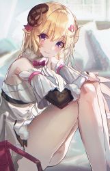 Rule 34 | 1girl, bag, bare legs, bare shoulders, blonde hair, blush, bow, breasts, curled horns, detached sleeves, dress, fur-trimmed dress, fur trim, hair ornament, hairclip, hand on own knee, highres, hololive, horns, long hair, looking at viewer, medium breasts, merryj, purple eyes, sheep girl, sheep horns, sitting, smile, solo, tears, thighs, tsunomaki watame, tsunomaki watame (1st costume), virtual youtuber, white dress