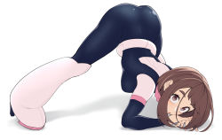 Rule 34 | 1girl, :o, absurdres, all fours, ass, belt, black bodysuit, bodysuit, boku no hero academia, boots, breasts, brown eyes, brown hair, costume, eyelashes, hair strand, high heel boots, high heels, highres, jack-o&#039; challenge, kobaji, looking at viewer, looking up, medium breasts, open mouth, own hands together, pink belt, pink bodysuit, pink footwear, shadow, short hair, sidelocks, simple background, solo, thick eyebrows, top-down bottom-up, upturned eyes, uraraka ochako, white background