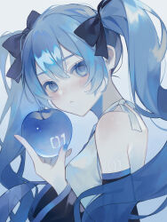 1girl absurdres ameyui_komori apple arm_tattoo bare_shoulders black_bow black_sleeves blue_eyes blue_hair blue_nails blue_theme blue_trim blush bow colored_eyelashes commentary detached_sleeves double-parted_bangs food fruit grey_background hair_between_eyes hair_bow hatsune_miku highres holding holding_food holding_fruit long_hair long_sleeves looking_at_viewer looking_back nail_polish number_tattoo parted_lips shirt simple_background sleeveless sleeveless_shirt solo tattoo twintails vocaloid white_shirt