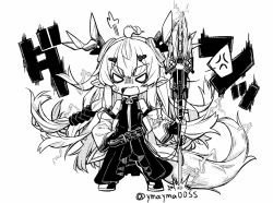 Rule 34 | 1girl, ahoge, anger vein, angry, arknights, chibi, commentary request, dress, electricity, full body, greyscale, hair ornament, hairclip, holding, holding staff, horns, leizi (arknights), long hair, looking at viewer, monochrome, pointy ears, qilin (mythology), simple background, solo, spoken anger vein, staff, standing, straight-on, tail, thick eyebrows, translation request, twitter username, v-shaped eyebrows, v-shaped eyes, white background, yom (ymayma00ss)