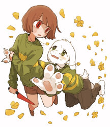 Rule 34 | 1boy, 1other, absurdres, androgynous, animal ears, asriel dreemurr, barefoot, black pants, body fur, brown footwear, brown hair, brown shorts, chara (undertale), clothing cutout, crying, crying with eyes open, eye contact, falling flower, falling petals, fangs, fewer digits, floating, flower, foreshortening, from above, full body, furry, furry male, goat boy, goat ears, goat tail, green eyes, green sweater, heart pendant, highres, holding, holding knife, imminent hug, knife, long sleeves, looking at another, open mouth, outstretched arms, pants, pawpads, petals, red eyes, shoes, short hair, shorts, simple background, skin fangs, sweater, tadeno, tail, tail through clothes, tears, undertale, white background, white fur, wide-eyed, yellow flower
