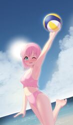 Rule 34 | 1girl, aqua eyes, arm up, armpits, ball, barefoot, beach, beachball, bikini, blue background, blue sky, blush, breasts, cloud, cloudy sky, commentary, commentary request, commission, dutch angle, english commentary, eyelashes, feet, highres, legs, looking at viewer, maidforge, medium breasts, medium hair, mixed-language commentary, navel, one eye closed, open mouth, original, pink bikini, pink hair, sky, soles, solo, sparkle, standing, standing on one leg, swimsuit, thighs, toe scrunch, toes