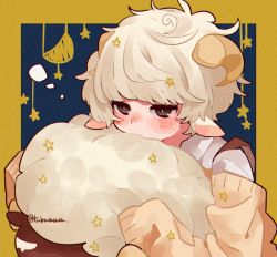 Rule 34 | 1boy, animal ears, blonde hair, horns, long sleeves, original, sheep horns, short hair, stuffed animal, stuffed sheep, stuffed toy, tsubaki tsubaru