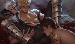 Rule 34 | 3boys, abs, animal ears, arm tattoo, armored boots, au ra, bara, black hair, black pants, black vest, blonde hair, boots, collared shirt, earrings, facial mark, final fantasy, final fantasy xiv, horns, jewelry, large pectorals, looking at another, male focus, miqo&#039;te, multiple boys, muscular, muscular male, navel, open clothes, open shirt, open vest, paid reward available, pants, pectorals, penguin frontier, shirt, short hair, tattoo, teeth, topless male, vest, warrior of light (ff14), white hair, white shirt, yaoi