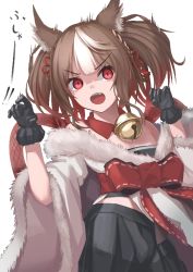 Rule 34 | 1girl, :o, animal ear fluff, animal ears, bell, black gloves, black skirt, brown hair, collar, detached collar, fox ears, fur trim, gloves, hands up, ichien ekaki, long sleeves, multicolored hair, neck bell, red collar, red eyes, red ribbon, ribbon, sekka (shadowverse), shadowverse, simple background, skirt, solo, standing, twintails, two-tone hair, white background, white hair, wide sleeves