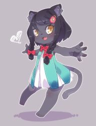 Rule 34 | 1girl, animal ears, barefoot, black hair, blue dress, braid, brown eyes, cat ears, cat tail, dress, fang, flower, furry, furry female, hair flower, hair ornament, hairclip, highres, open mouth, original, outstretched arms, short hair, sleeveless, sleeveless dress, smile, solo, tail, twin braids, white dress, yuuki (yuyuki000)