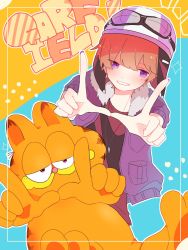 Rule 34 | 1boy, 1girl, animal ears, aviator cap, black shirt, blush, bomber jacket, border, brown hair, cat, cat ears, cat tail, character name, character request, commentary request, copyright request, ctake-san isogashii, dog tags, finger frame, fur trim, garfield, garfield (character), goggles, goggles on headwear, grin, hair between eyes, half-closed eyes, highres, jacket, long sleeves, looking at viewer, nail polish, orange fur, outline, purple eyes, purple jacket, purple nails, shirt, smile, standing, tail, white border, white outline