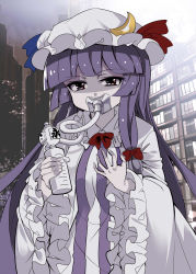 Rule 34 | 1girl, black eyes, blue ribbon, blunt bangs, bow, bowtie, breasts, colored skin, crescent, dress, e.o., grey skin, hair bow, hat, hat ribbon, highres, long hair, long sleeves, looking at viewer, medium breasts, mob cap, pajamas, pale skin, patchouli knowledge, purple hair, red bow, red bowtie, red ribbon, ribbon, sidelocks, solo, striped clothes, striped dress, touhou, upper body, vertical-striped clothes, vertical-striped dress, very long hair, wide sleeves