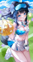 Rule 34 | 1girl, absurdres, animal ears, bare shoulders, black hair, blue archive, blue eyes, blue sky, breasts, cheerleader, cleavage, cloud, confetti, day, dog ears, dog girl, dog tail, eyewear on head, gloves, goggles, goggles on head, grass, halo, hibiki (blue archive), hibiki (cheer squad) (blue archive), highres, holding, holding pom poms, long hair, looking at viewer, medium breasts, midriff, millennium cheerleader outfit (blue archive), miniskirt, navel, official alternate costume, outdoors, parted lips, pom pom (cheerleading), pom poms, ponytail, ri yonn, skirt, sky, solo, standing, sticker on face, tail, thighs, white gloves, white skirt