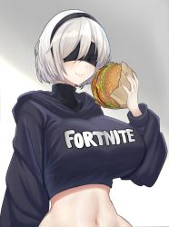 Rule 34 | 1girl, alternate breast size, black hairband, blindfold, breasts, burger, clothes writing, cropped hoodie, desspie, food, fortnite, hairband, highres, holding, hood, hoodie, large breasts, mole, mole under mouth, navel, nier (series), nier automata, short hair, simple background, solo, stomach, upper body, white hair, yorha no. 2 type b