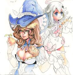 Rule 34 | 2girls, blue eyes, blue headwear, blue skirt, boots, breasts, brown hair, cleavage, cleavage cutout, clothing cutout, colored pencil (medium), commentary, dress, english commentary, food, fruit, genshin impact, gloves, green eyes, grey hair, hair between eyes, halo, hat, holding, holding food, holding fruit, holding skewer, lisa (genshin impact), long hair, looking at viewer, medium breasts, medium hair, multiple girls, paimon (genshin impact), parted lips, philiera, single thighhigh, skewer, skirt, smile, sunsettia (genshin impact), thighhighs, traditional media, unfinished, white background, white dress, white footwear, white gloves, white thighhighs, witch hat