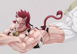 Rule 34 | 1boy, alternate costume, animal ears, animal print, ass, bad id, bad pixiv id, bell, blue eyes, boku no hero academia, boots, cow boy, cow ears, cow horns, cow print, cow tail, crossed arms, endeavor (boku no hero academia), facial hair, happy new year, highres, horns, kei (ahan uhun 345), kemonomimi mode, large pectorals, looking at viewer, lying, male focus, mature male, muscular, muscular male, neck bell, new year, on stomach, panties, pectoral press, pectorals, print panties, red hair, scar, scar across eye, scar on face, short hair, sideburns, simple background, solo, spiked hair, stubble, tail, thick thighs, thigh boots, thighhighs, thighs, underwear, white footwear