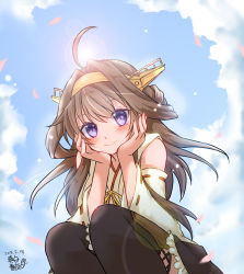 Rule 34 | 1girl, ahoge, blush, boots, brown hair, cloud, commentary request, dated, day, detached sleeves, double bun, hair bun, hairband, hands on own cheeks, hands on own face, headgear, japanese clothes, kantai collection, kongou (kancolle), kongou kai ni (kancolle), long hair, mashiro yukiya, nontraditional miko, purple eyes, ribbon-trimmed sleeves, ribbon trim, skirt, sky, smile, solo, thigh boots, thighhighs