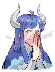 Rule 34 | 1girl, ahoge, blue cape, blue hair, blush, cape, collared shirt, covered mouth, curled horns, dinosaur girl, horns, jewelry, long hair, mask, mouth mask, multicolored hair, necklace, one piece, pink eyes, pink hair, pink mask, raine (acke2445), shirt, solo, streaked hair, ulti (one piece), white background, white shirt
