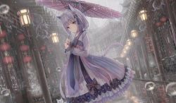 Rule 34 | 1girl, animal, animal ears, building, cat, cat ears, cat girl, cat tail, chinese clothes, closed mouth, commentary request, frills, grey hair, highres, holding, holding umbrella, light smile, lolita fashion, long sleeves, looking at viewer, missile228, oil-paper umbrella, original, outdoors, overcast, puffy long sleeves, puffy sleeves, qi lolita, rain, red eyes, red umbrella, sky, solo, tail, umbrella, white cat