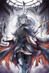 Rule 34 | 1girl, animal ear fluff, animal ears, arknights, armor, black gloves, black thighhighs, crystal, ear ornament, feet out of frame, frostnova (arknights), gloves, greaves, grey hair, grey jacket, grey shirt, hair ornament, hair over one eye, hairclip, highres, holding, holding knife, jacket, knife, long hair, looking at viewer, one eye covered, open clothes, open jacket, open mouth, originium arts (arknights), rabbit ears, rabbit girl, scar, scar on face, scar on nose, shirt, solo, thighhighs, tsuizi