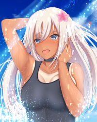 Rule 34 | 1girl, absurdres, aged up, armpit crease, bare shoulders, blue eyes, blush, breasts, choker, collarbone, flower, hair flower, hair ornament, highres, houki (tonburi), kantai collection, large breasts, long hair, one-piece swimsuit, platinum blonde hair, ro-500 (kancolle), solo, swimsuit, tan, tanline, tongue, tongue out