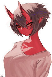 Rule 34 | 1girl, black hair, breasts, closed mouth, colored skin, horns, kidouko (zakusi), large breasts, looking at viewer, oni, oni horns, orange eyes, original, pointy ears, red oni, red skin, shirt, short hair, signature, simple background, solo, white background, white shirt, zakusi