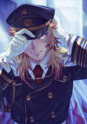 Rule 34 | 1boy, black hat, black jacket, blonde hair, closed mouth, collared shirt, gloves, hat, highres, jacket, kimetsu no yaiba, long hair, long sleeves, looking at viewer, male focus, military, military jacket, military uniform, multicolored hair, necktie, red hair, red necktie, red pupils, remsor076, rengoku kyoujurou, shirt, smile, solo, two-tone hair, uniform, white gloves, white shirt, wing collar, yellow eyes