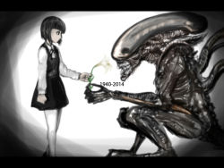 Rule 34 | 1girl, 2014, alien, alien (1979), alien (1979), alien (series), bad id, bad pixiv id, dated, dress, female focus, flower, giving, gradient background, h.r. giger, letterboxed, monochrome, nullhachi, pinafore dress, plant, sitting, sleeveless, sleeveless dress, solo, what, white background, xenomorph