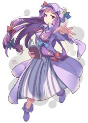 Rule 34 | 1girl, absurdres, blunt bangs, book, collared dress, commentary request, crescent, crescent pin, damarinasai (mineo), dress, full body, hat, highres, holding, holding book, long hair, long sleeves, mob cap, patchouli knowledge, purple dress, purple footwear, purple hair, purple hat, sidelocks, solo, striped clothes, striped dress, touhou, vertical-striped clothes, vertical-striped dress, white background, wide sleeves