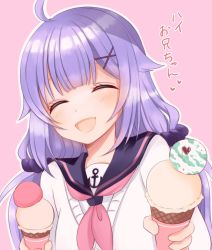 Rule 34 | 1girl, :d, ^ ^, ahoge, anchor symbol, azur lane, black sailor collar, blush, closed eyes, double scoop, facing viewer, food, hair flaps, hair ornament, hair scrunchie, heart, holding, holding food, ice cream, ice cream cone, long hair, neckerchief, open mouth, outline, pink background, pink neckerchief, purple hair, purple scrunchie, sailor collar, sakura (ichisakupink), school uniform, scrunchie, serafuku, shirt, smile, solo, sweater, translated, unicorn (long-awaited date) (azur lane), unicorn (azur lane), upper body, white outline, white shirt, white sweater, x hair ornament