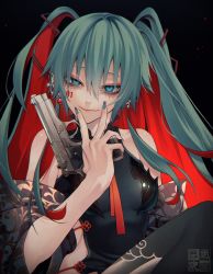 Rule 34 | 1girl, absurdres, aqua hair, aqua nails, bare shoulders, black background, blue eyes, closed mouth, collarbone, cropped, dated, ear piercing, earrings, facial mark, fang, fingernails, gun, hair between eyes, handgun, hatsune miku, highres, holding, holding gun, holding weapon, jewelry, leg tattoo, long fingernails, long hair, looking at viewer, nail polish, patterned, patterned clothing, piercing, pink lips, red hair, red pupils, signature, simple background, skin fang, smile, solo, tattoo, twintails, v, v over mouth, very long fingernails, vocaloid, weapon, yokaze (xxxdisxxx)