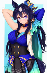 Rule 34 | 1girl, armpits, arms up, black dress, blue background, blue collar, blue eyes, blue hair, blush, border, breasts, buttons, character name, collar, commentary request, cowboy shot, detached sleeves, double-breasted, dress, ear covers, ears through headwear, hair between eyes, highres, large breasts, looking at viewer, m172/minatsu, multicolored hair, simple background, single ear cover, smile, solo, streaked hair, umamusume, verxina (umamusume), white border, white hair