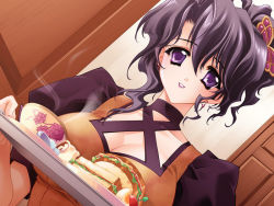Rule 34 | 1girl, breasts, carnelian, cleavage, cup, dutch angle, ena (quilt), food, game cg, hair ornament, indoors, large breasts, parted lips, plate, purple eyes, quilt, quilt (game), sandwich, solo, spoon, sugar cube, teacup, tray, waitress