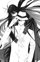 Rule 34 | 1boy, 1girl, absurdres, black hair, closed eyes, couple, fate/grand order, fate/type redline, fate (series), gloves, greyscale, hat, hat over eyes, highres, holding, holding clothes, holding hat, hug, hug from behind, jacket, koha-ace, long hair, long sleeves, monochrome, oryou (fate), ponytail, ryousuke (tukr5384), sakamoto ryouma (fate), scarf, simple background, skirt, smile, upper body, very long hair, weapon, white background, white gloves, white headwear