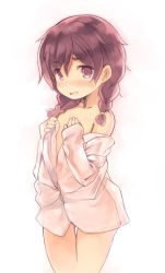 Rule 34 | 1girl, bare shoulders, blush, braid, brown eyes, brown hair, collarbone, cowboy shot, dress shirt, hair between eyes, hands up, kurasuke, long hair, long sleeves, looking at viewer, low twintails, naked shirt, nose blush, off shoulder, open clothes, open mouth, open shirt, original, shirt, simple background, sleeves past wrists, solo, thigh gap, twin braids, twintails, white background, white shirt