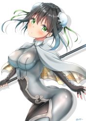 Rule 34 | arm guards, ass, black gloves, black hair, blush, bodysuit, breasts, bun cover, cape, chinese clothes, cloud print, double bun, fate/grand order, fate (series), fingerless gloves, gloves, green eyes, green ribbon, grey bodysuit, hair bun, hair ribbon, highres, holding, holding polearm, holding weapon, impossible bodysuit, impossible clothes, looking at viewer, medium breasts, open mouth, polearm, qin liangyu (fate), ribbon, shadow, shiny clothes, sidelocks, skin tight, solo, sunsun2812, weapon, white background, white bodysuit, white cape