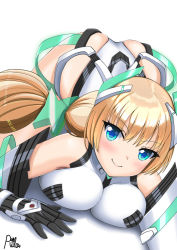 Rule 34 | 1girl, angela balzac, ass, bare shoulders, blonde hair, blue eyes, blush, breasts, elbow gloves, gloves, headgear, impossible clothes, impossible leotard, large breasts, leotard, long hair, looking at viewer, ouse riruka, rakuen tsuihou, signature, simple background, smile, solo, top-down bottom-up, twintails, very long hair, wedgie, white background