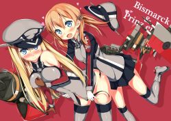 Rule 34 | 10s, 2girls, anchor, anchor hair ornament, ankle boots, bad id, bad pixiv id, bare shoulders, bismarck (kancolle), black panties, black skirt, blonde hair, blue eyes, blush, boots, breasts, brown gloves, character name, covered erect nipples, cross, detached sleeves, gloves, grey footwear, grey legwear, hair ornament, hand on own chest, hat, highres, iron cross, kantai collection, kantoku (style), kawai (purplrpouni), large breasts, long hair, looking at viewer, machinery, microskirt, military, military hat, military uniform, multiple girls, panties, peaked cap, pleated skirt, prinz eugen (kancolle), red background, side ponytail, simple background, skirt, thighhighs, twintails, underwear, uniform, untied, white gloves