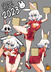 Rule 34 | 1girl, 2023, absurdres, acefish, animal ears, ass, balancing, balancing on head, bamboo steamer, baozi, bare legs, blush, breasts, china dress, chinese clothes, chinese zodiac, cleavage, cleavage cutout, clothing cutout, commentary, dress, english commentary, failure, food, highres, index fingers together, large breasts, leaning forward, mary (acefish), multiple views, original, panties, rabbit ears, rabbit girl, red dress, red footwear, red panties, scolding, standing, standing on one leg, tearing up, trembling, underwear, white hair, year of the rabbit