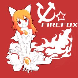 Rule 34 | 1girl, :d, animal ears, animification, between legs, boots, breasts, breasts squeezed together, capelet, communism, detached sleeves, fiery tail, fire, fox ears, fox tail, hammer and sickle, hand between legs, head tilt, iron curtain, jewelry, long hair, looking at viewer, mozilla firefox, open mouth, orange hair, os-tan, pendant, personification, red background, red eyes, skirt, small breasts, smile, solo, spread legs, squatting, tail, thigh boots, thighhighs, zettai ryouiki