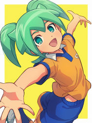 Rule 34 | 1boy, :d, asada hachi, blue socks, border, commentary request, fei rune, green eyes, green hair, happy, highres, inazuma eleven (series), inazuma eleven go, inazuma eleven go chrono stone, looking at viewer, male focus, open mouth, orange shirt, outside border, outstretched arms, raimon, raimon soccer uniform, shirt, shoes, short hair, short sleeves, smile, soccer uniform, socks, solo, sportswear, two side up, white border, white footwear, yellow background